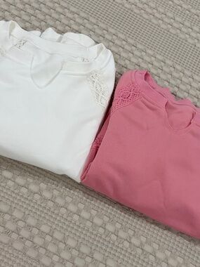 2 Womens Oversized Sweatshirt V Neck Lace Lantern Long Sleeve Pink & White